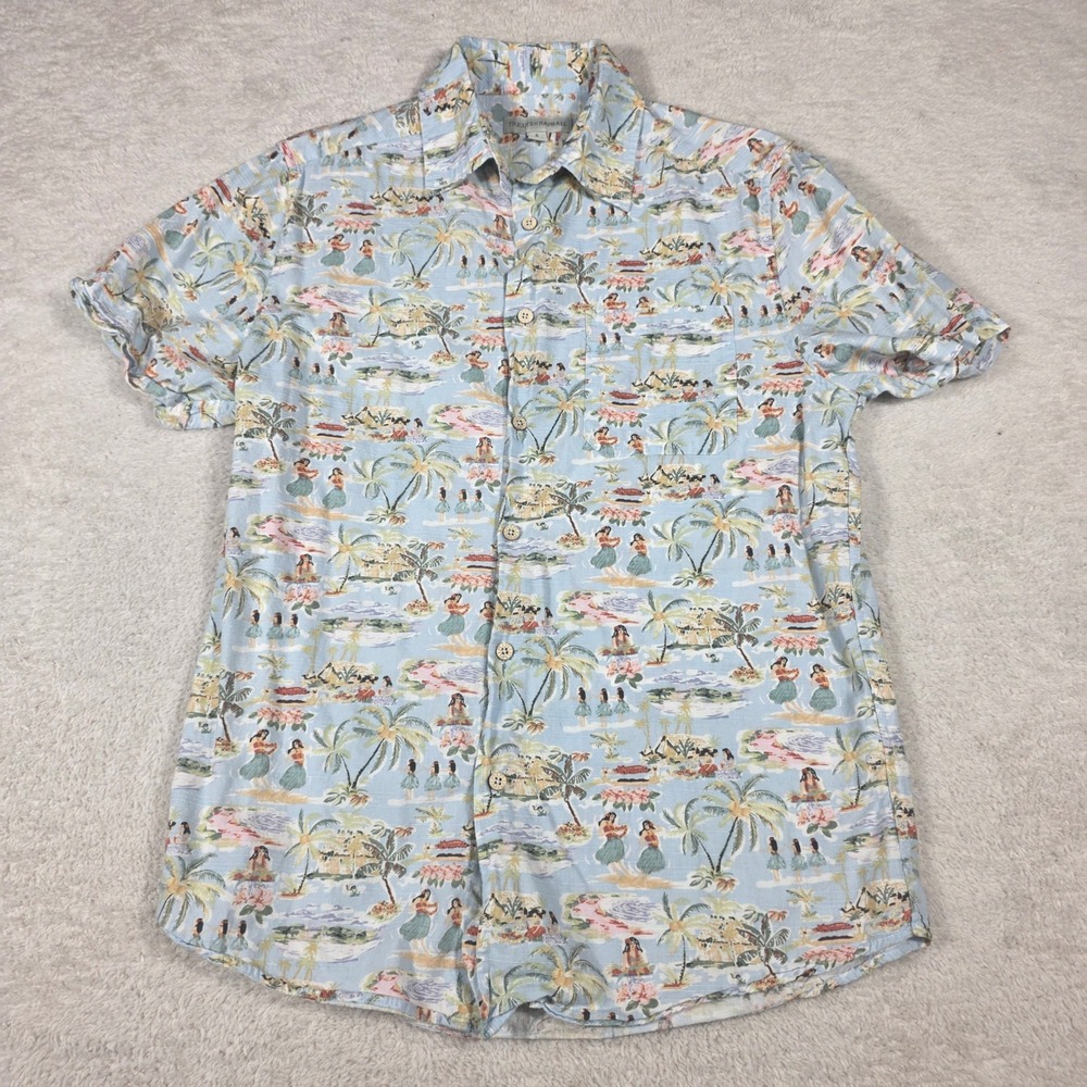 Tricots St Raphael Shirt Mens S Blue Hula Tropical Cotton Rayon Aloha Button Up